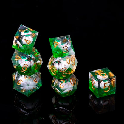 DND-Blood Eyes & Green,DND Dice Set Handmade 7 Accessories Sharp Edge Dice for Dungeons and Dragons TTRPG Games, Multi-Sided RPG Polyhedral Resin Sharp Edge Dice Roleplaying Games