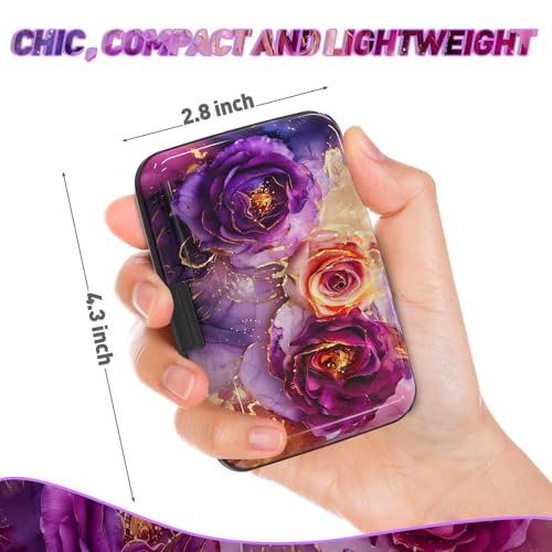 Credit Card Holder, Business Card Case Mini RFID Small Aluminum Card Wallet | Blocking Slim Metal RFID Blocking Front Pocket Wallet Hard Case Durable CC Holder for Women Girl, Purple Marble Flower - color: Purple Marble Flower