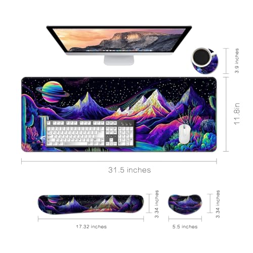 Desk Mat, Large Gaming Mouse Pad with Wrist Rest, 4 in1 XXL Mouse pad+Keyboard Wrist Rest+Mouse Pad Wrist Support+Cup Coaster Set, Ergonomic Desk Pad for Home Office, Neon Landscape - color: Neon Landscape