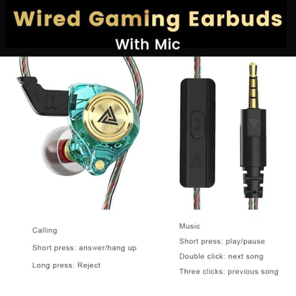 Wired Gaming Earbuds 2 Pack, Ak3file in Ear Monitors, Deep Bass Sound Wired Earbuds, HiFi in Ear Headphones with 1DD 10mm Dynamic Driver, IEM for Music Gaming Video Calling (Black+Green) - color: Black+Green