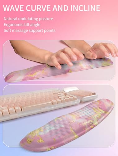 Hokafenle 2in1 Combination, Wave Keyboard Wrist Rest and Ergonomic Curvature Mouse Pad Wrist Support for Relieve Wrist Pain, Filled with Soft Cushion Memory Foam, Golden Pink Marble - color: Golden Pink Marble