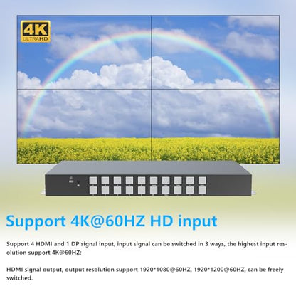 4K 4x4 Seamless HDMI Matrix Switch Video Wall Controller 4 Input 4 Output | Multi-View Display 4x4 HDMI Matrix Video Wall Processor, HDMI 2.0, 18Gbps, RS-232 and IR control，90 - 180 degrees rotation