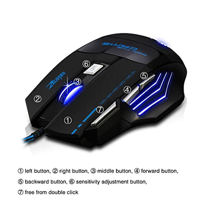 zelotes Ergonomic Gaming Mouse with Rapid Fire Button, 7200 DPI(5-Level Adjustable), 7 Buttons,LED Lighting, USB Wired Optical Mouse for Office/Gaming, Compatible with Laptop/PC (Black)