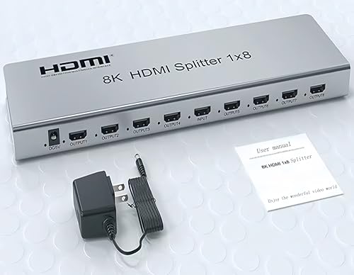 SGRAPID HDMI Splitter 1×8 8K HDMI2.1 Splitter 1 in 8 Out Distributor Affordable Multi-Monitor 8K@60Hz Full Ultra-HD with EDID RS232 Supports HDR HDPC2.2 3D Imaging 48Gbps Cascade DLP LCD HDTV DVD etc - size: HDMI Splitter 1×8 8K@60HZ