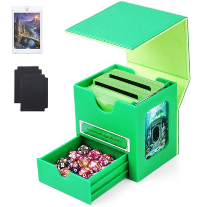 Patented MTG Commander DekBox, 100+ Double Sleeved Card Storage Box with Dice Tray, 35pt Card Holder & 2 Dividers - Magnetic Deck Case for TCG/CCG/Magic/Sports Cards, Green - color: GREEN