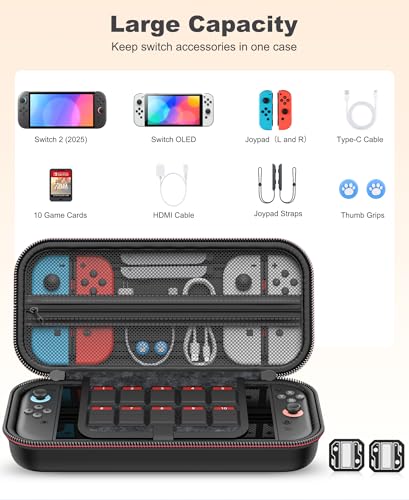 Switch 2 Case for Nintendo Switch 2 (2025)/Switch/OLED, 4-in-1 Bundle Kits for Switch 2, 3X Transparent Protective Cover+2X Screen Protectors+4X Thumb Caps, Accessories Set with Switch 2 Carrying Case - size: 4 in 1 Bundle Kit-Black