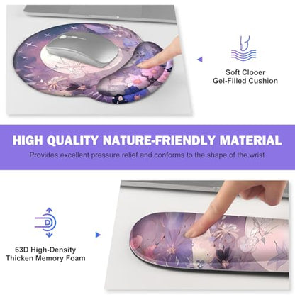 Large Desk Mat, Gaming Mouse Pad Desk Pad, Mousepad + Keyboard Wrist Rest | +Mouse Wrist Rest+Coaster Set with Ergonomic XXL Desk Pad Protector for Home Office PC Computer, Pastel Purple Flower Moon - color: Pastel Purple Flower Moon