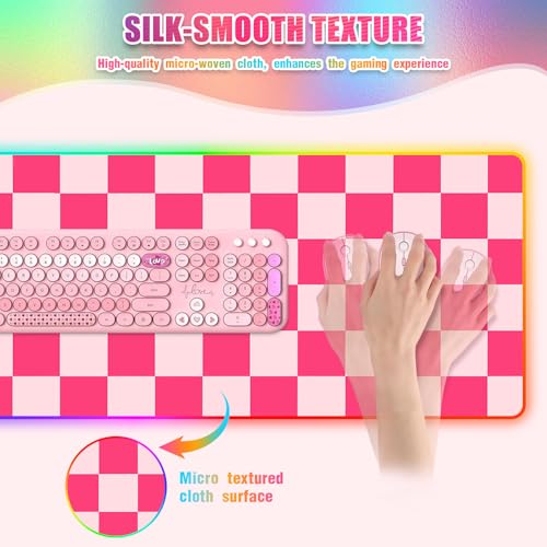 RGB Gaming Mouse Pad I Large Mousepad with 14 Led Modes I Keyboard Pad Gaming Desk Mat I Non-Slip Rubber Base Mouse Mat I 900x400x4mm Waterproof Mousepad for Gaming PC MacBook I Pink Checkered - color: Pink Checkered