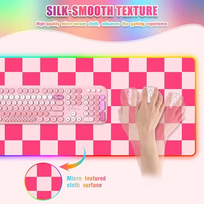RGB Gaming Mouse Pad I Large Mousepad with 14 Led Modes I Keyboard Pad Gaming Desk Mat I Non-Slip Rubber Base Mouse Mat I 900x400x4mm Waterproof Mousepad for Gaming PC MacBook I Pink Checkered - color: Pink Checkered