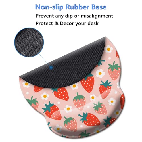 Gaming Mouse Pad Wrist Support,Ergonomic Mouse Pad with Wrist Rest,Comfortable Mousepad with Smooth Wrist Rest,Pain Relief Mouse Pads for Non-Slip Base,Computer,Laptop,Office，Home - color: Cute Strawberrys