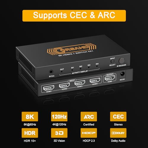 CORSAHD 8K@60Hz HDMI 2.1 Switch 4x1 4K 120Hz 48Gbps,HDCP 2.3,ARC,VRR,CEC,HDMI Switcher 4 in 1 Out,4 Port HDMI Selector,IR Remote,3D,HDR 10,Dolby Atmos,for TV,PS5,Xbox,Fire Stick,Roku,Blu Ray,Projector