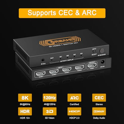 CORSAHD 8K@60Hz HDMI 2.1 Switch 4x1 4K 120Hz 48Gbps,HDCP 2.3,ARC,VRR,CEC,HDMI Switcher 4 in 1 Out,4 Port HDMI Selector,IR Remote,3D,HDR 10,Dolby Atmos,for TV,PS5,Xbox,Fire Stick,Roku,Blu Ray,Projector