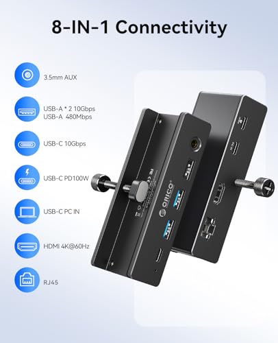 ORICO Clip Docking Station, 8-in-1 Clamp USB C Hub with 4K@60Hz HDMI, 100W PD, Gigabit Ethernet, 4xUSB Port, AUX, 10Gbps Clamp Docking Station for Laptop, MacBook, PC (Adapter Not Included) - color: Black
