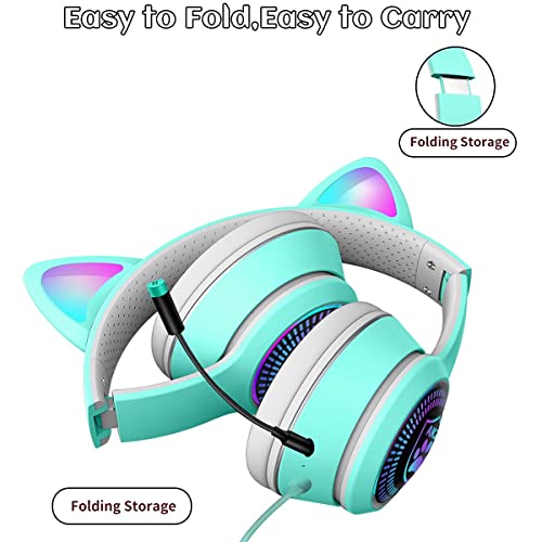 Cat Ear Gaming Headphones Wired AUX 3.5mm with LED Light, VIGROS Flashing Stereo Game Headphones Surround Sound Over-Ear Headsets with Microphone Fit Kids & Adult for PC, PS4, Switch, Mobile, Laptop - color: Light Blue