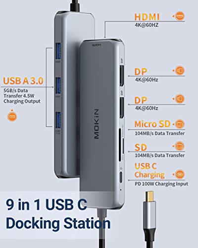 Docking Station Dual DisplayPort, MOKiN USB C Hub Dongle with 2 DP, HDMI, 3 USB A 3.0, SD & microSD Slot, PD Charging Port for MacBook/Dell XPS/Steam Deck/HP/Lenovo ThinkPad/Microsoft Surface