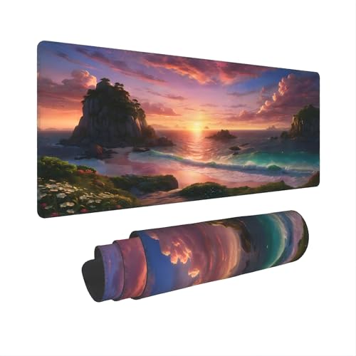 XXL Gaming Mouse Pad 35.4x15.7 inch,Quiet Ocean Sea Landscape Theme Desk Mat,Large Rock Wave Sunset Scene Mousepad (Quiet sea) - color: Quiet sea