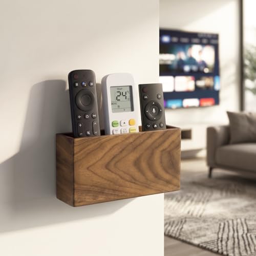 Remote Holder Hole-Free, Self-Adhesive Storage Wooden Box Large | Wall Mounted or Desk Mounted Container for Remote Phone Pencil Stationery Accessories Placement - size: Large