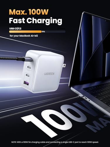 UGREEN Nexode 100W GaN USB C Charger, 4-Port Compact Foldable Fast Laptop Charger Power Adapter for MacBook Pro/Air, iPad Pro, iPhone 17/16/15 Series, Galaxy S25/S24, Pixel 10/9, Steam Deck, Pixelbook - color: White