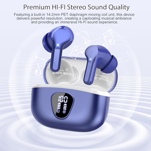 Wireless Earbuds, Bluetooth 5.4 Headphones HiFi Stereo, Bluetooth Earbuds with ENC Noise Cancelling Mic, IP7 Waterproof in Ear Earphones, 48H, LED Display Ear buds for Pad Workout Sports, Blue - color: Blue