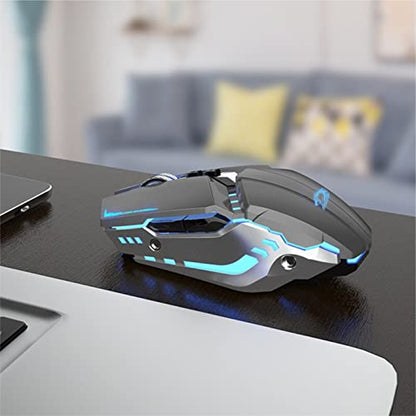 TENMOS T12 Wireless Gaming Mouse, Silent Rechargeable Computer Mice-Grey | 2.4GHz Optical, 7 Color LED Lights, Quiet Click,Side Buttons,3 Adjustable DPI,Ergonomic Design, Nano Receiver,USB C Charging - color: grey