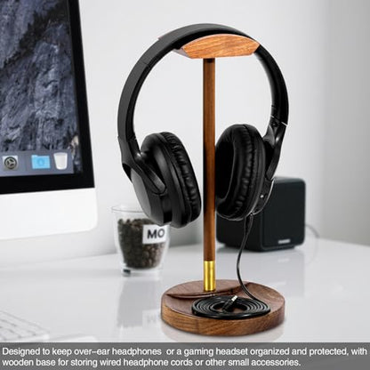 Headphone Stand for Desk, Solid Wood Headset Hanger Gaming Holder, Desktop Earphone Artful Functional Craftsmanship Stand for All Headsets with Solid Wooden Base