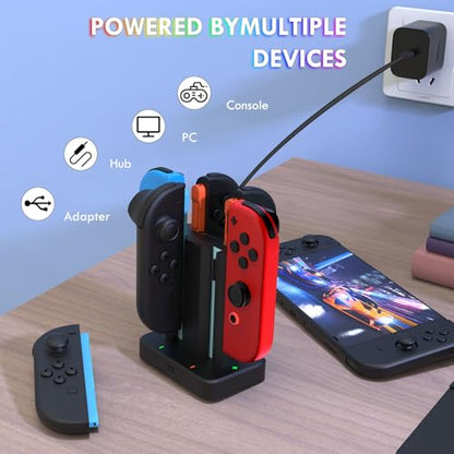 6 in 1 Charging Dock for Nintendo Switch 1/2 JoyCon with RGB Light,Ergonomics & Magnetic Fast Charge,Type-C Prot,Charger Stand Station Compatible with Switch 1/2 Joy Con