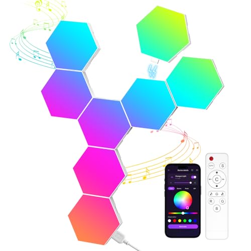 Hexagon LED Light Panels 8 Pack – Smart RGB Wall Lights with APP & Remote Control – Music Sync Modular Gaming Lights for Bedroom, Living Room, Wall Decor - size: ‎Hexagon Lights - 8 Pack