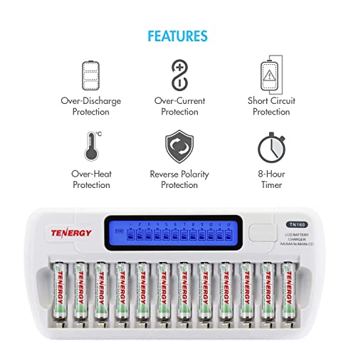Tenergy 12 Pack Centura AAA and TN160 Charger, Low Self-Discharge AAA 1.2V 800mAh NiMH Rechargeable Batteries for Remote Controllers, Toys, and More - size: Charger + 12 Pack Centura AAA