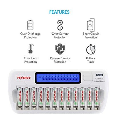 Tenergy 12 Pack Centura AAA and TN160 Charger, Low Self-Discharge AAA 1.2V 800mAh NiMH Rechargeable Batteries for Remote Controllers, Toys, and More - size: Charger + 12 Pack Centura AAA