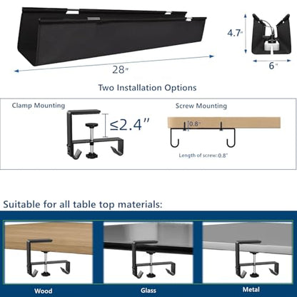 No Drill Under Desk Cable Management Tray, 28" Fabric Cord Hider for Wire Organizer, Clamp/Screw Mount Desk Cable Management, Cable Raceways Tray Cord Hiders for Office/Home