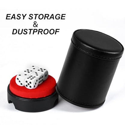 Dice Cup Leather Set with Lid, Felt-Lined PU Leather Quiet Shaker for Yahtzee Farkle Dice Board Games, Set of Six 16mm Dice Included