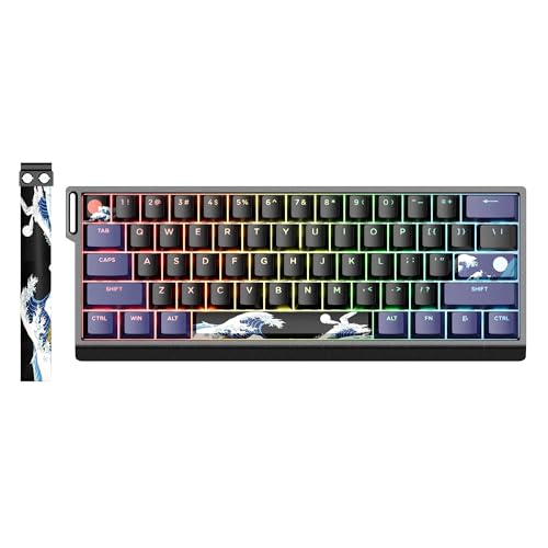HITIME x XVX 60% Percent Keyboard with Strap, H61 Wired Aluminum Gaming Keyboard, Hot Swappable, Kanagawa Anime PBT Keycaps, RGB Backlit, Cherry Profile, Sound Absorbing Pads, Creamy Linear Switch - color: Black Kanagawa