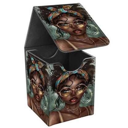 Card Deck Box, Card Storage Box Fits 100+ Single Sleeved Cards, Large Capacity PU Leather Card Storage Box with Strong Magnet for Magic Commander TCG CCG, American African Girl - color: American African Girl