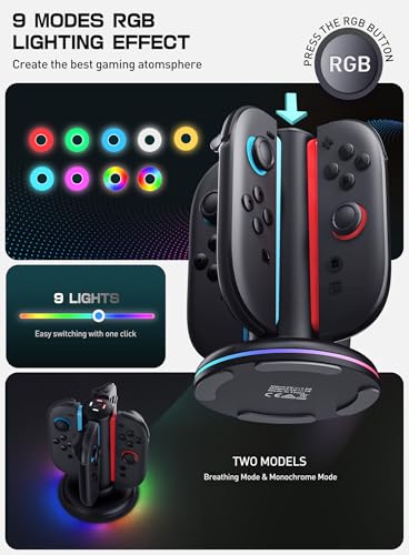 Mumba Magnetic Charging Station Compatible with Nintendo Switch 2, 4-in-1 Fast Charging Dock for Joy-Con Controllers, Dual-Direction Design with 9 RGB Lights, Overcharge Protection & USB-C Cable