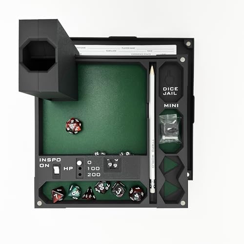 All-in-One Dice Tray with Tower by TTRPG World - Magnetic Modular Organizer for 5E & d20 RPGs with Soft Lining, Tower, Mini Holder, Sheets & Mystery Dice Set (Green) - color: Green