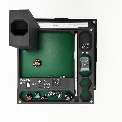 All-in-One Dice Tray with Tower by TTRPG World - Magnetic Modular Organizer for 5E & d20 RPGs with Soft Lining, Tower, Mini Holder, Sheets & Mystery Dice Set (Green) - color: Green