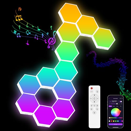 12 Pack DIY Hexagon LED Lights, Music Sync RGB Gaming Lights with APP Smart Wall Lights for Bedroom Living Room Decor - color: Multicolor 12 Pack