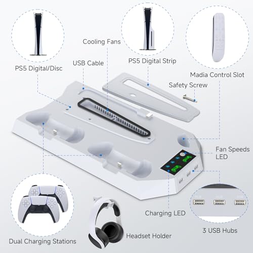 PS5 Cooling Station, LHFDIAN PS 5 Pro Stand Vertical and 3 Levels Turbo Fan with Dual Charging Station for PlayStation5Pro/Slim, PS 5 Accessories Kit, Headset Holder for PS 5 Digital/Disc-White - color: White