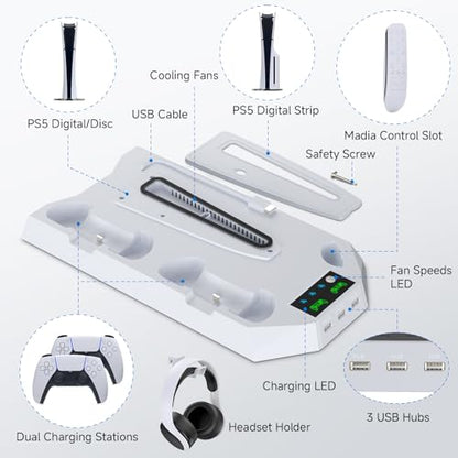PS5 Cooling Station, LHFDIAN PS 5 Pro Stand Vertical and 3 Levels Turbo Fan with Dual Charging Station for PlayStation5Pro/Slim, PS 5 Accessories Kit, Headset Holder for PS 5 Digital/Disc-White - color: White