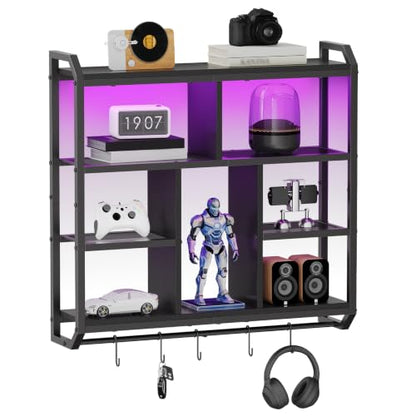 HOOBRO Gaming Floating Shelves with LED Light, 28.1" LED Wall Shelf Black | 4-Tier Wall Mounted Shelves for Storage, Floating Wall Shelf Display Rack With Hanging Rod, for Bedroom Game Room Living Room - color: Black