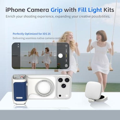 COMITOK iPhone Camera Grip MOCA with Magnet Fill Light & Mirror for 17 Pro iOS26 Native Camera, Fun Shot Magnetic Grip for Phone Compatible iOS17 and iOS18 with Anti-Drop Detachable Remote & Keychain - color: Blue