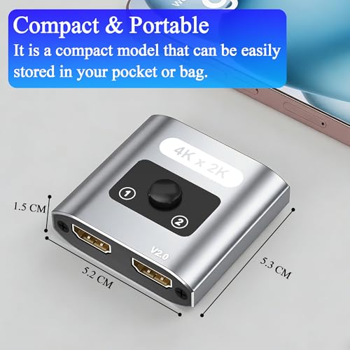 HDMI Switch Splitter 4K@60Hz, Aluminum Bi-Directional HDMI 2.0 Switcher, HDMI Splitter 1 in 2 Out/ 2 in 1 Out, Support 4K 3D HDR for Xbox, PS5/4/3, Fire Stick, Roku, HDTV, Projector, Computer (Gray) - color: Gray