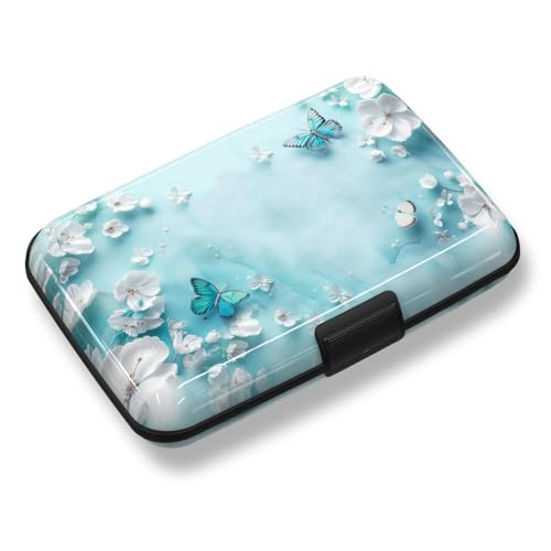 Credit Card Holder, Mini RFID Small Aluminum Card Wallet Business Card Case | Blocking Slim Metal RFID Blocking Front Pocket Wallet Hard Case Durable CC Holder for Women Girls, Green Teal Butterfly - color: Green Teal Butterfly