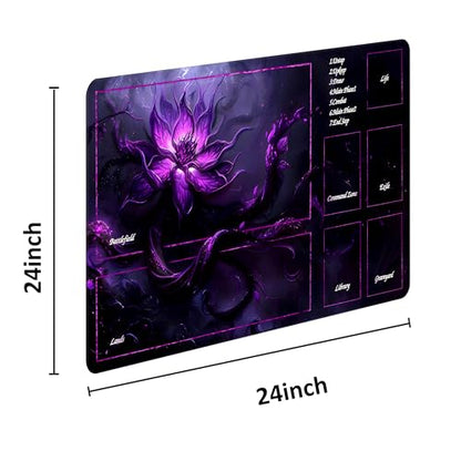 MTG Playmat with Storage Tube & 7-Dice Set - Waterproof TCG Playmat with Stitched Edges, Non-Slip Rubber Card Game Mat (24"x14") (playmat with Zones, Purple Lotus) - color: Purple Lotus, style: playmat with zones
