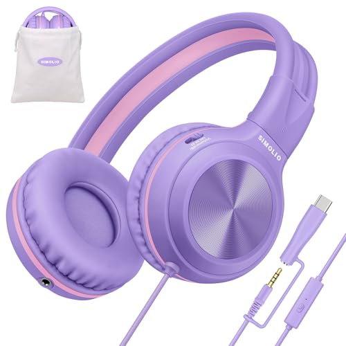 SIMOLIO Kids Wired Headphones with Mic, USB C & 3.5mm, 3-Level Safe Volume, Share Port & Pouch, Stereo Sound& Passive Noise Cancelling, Foldable Over Ear Headsets for Tablet Kindle iPhone iPad Travel - color: Purple USB C&3.5mm