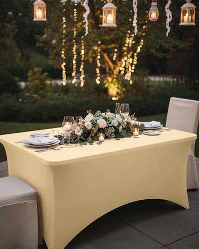 Fixwal Champagne Stretch Table Cloth Rectangle 2 Pack 6Ft, Spandex Fitted Table Covers Washable for Party, Trade Show, Banquet, Wedding, Buffet - color: Champagne, size: 6 Ft