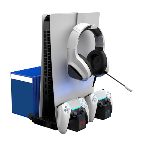 Surge Multi-Function Charging Stand for PlayStation 5, PS5 Slim, Digital and Disc Version with Cooling Fans, 2 Charge Docks for DualSense & DualSense Edge Controllers, Headset Hook, Game Storage