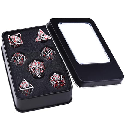 AUSTOR Metal DND Dice Set 7 Pieces Leaf DND Dice Hollow Polyhedral Dice D20 D12 D10 D% D8 D6 D4 Metal Dice with Metal Box for Dungeons & Dragons RPG Board Games (Tin & Blood) - color: Antique Tin & Blood Spattered