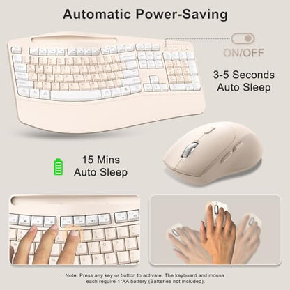 Wireless Keyboard and Mouse Combo, 2.4G Ergonomic Wave Keys(Milk Tea-A) | Full Size Ergonomic Keyboard with Wrist Rest, Phone Holder, 3-Level DPI Silent Mouse with 6-Buttons,for Windows/Mac OS/Laptop - color: Milk Tea-A