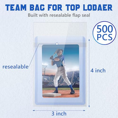 DEDC 500 Pcs Resealable Team Bags for Card Sleeves Set with Bottom Adhesive Strip Clear Cards Sleeve for Top Loaders & Raw Cards Thick Trading Card Protectors for Long-Term Storage & Display - size: 500 pcs Resealable